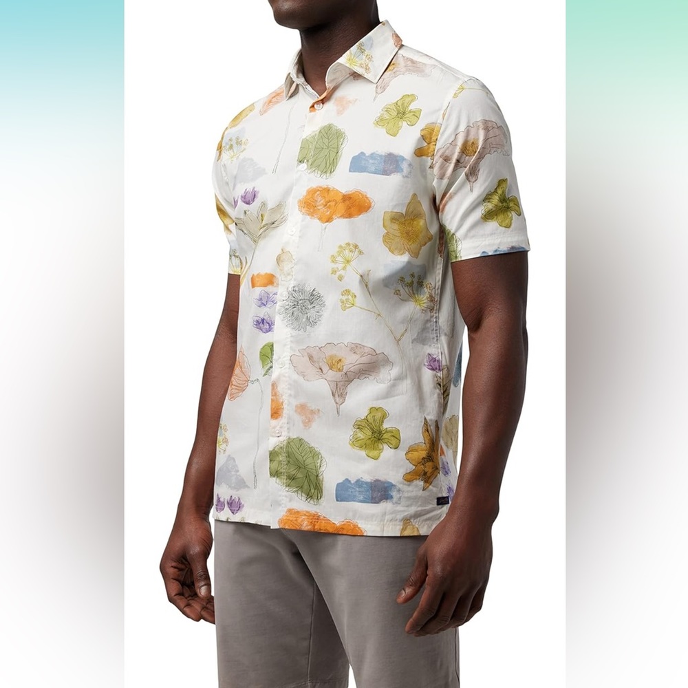 Good Man Brand Big ON Point Woven Print White Etched Botanicals Floral Shirt